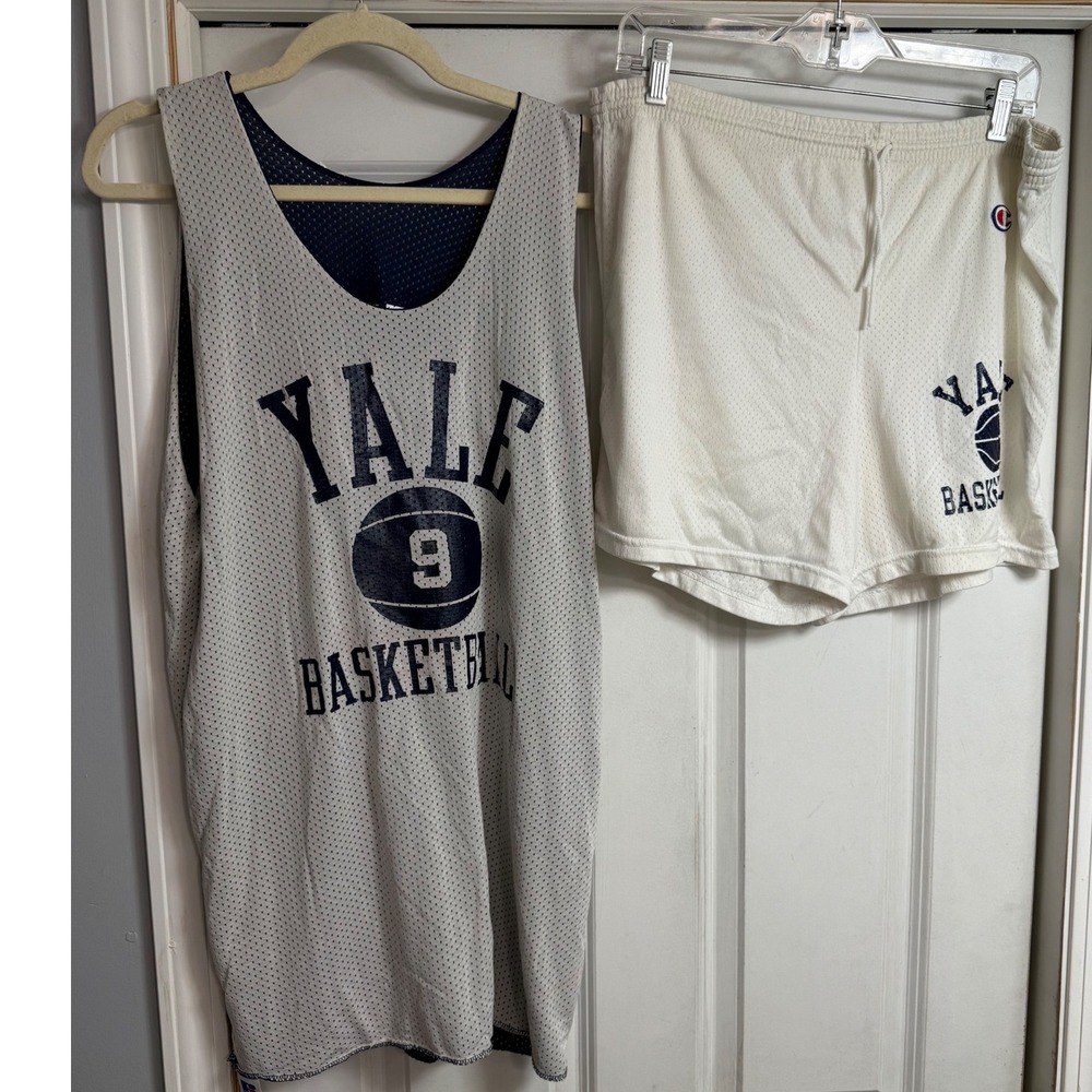 Vintage Yale Basketball Jersey and Champion Shorts Set White Navy Mesh Large